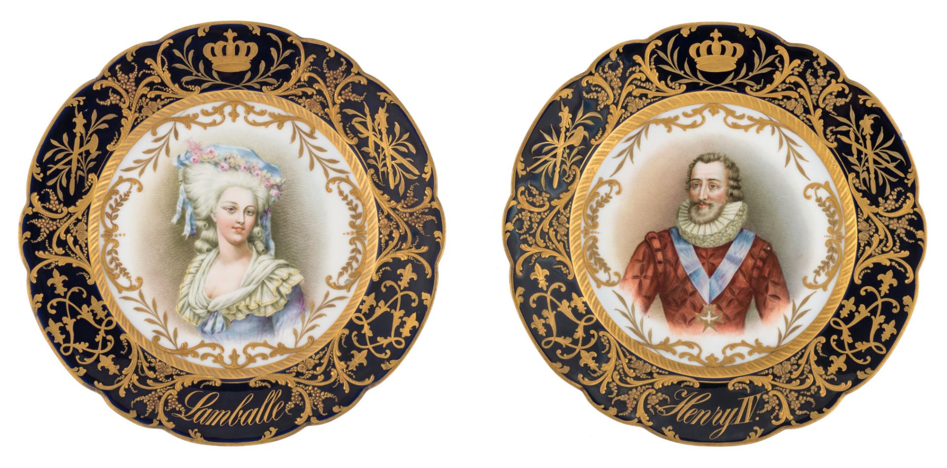 A pair of bleu royal and gilt decorated Sèvres plates, one of which depicting 'Henry IV' and one '