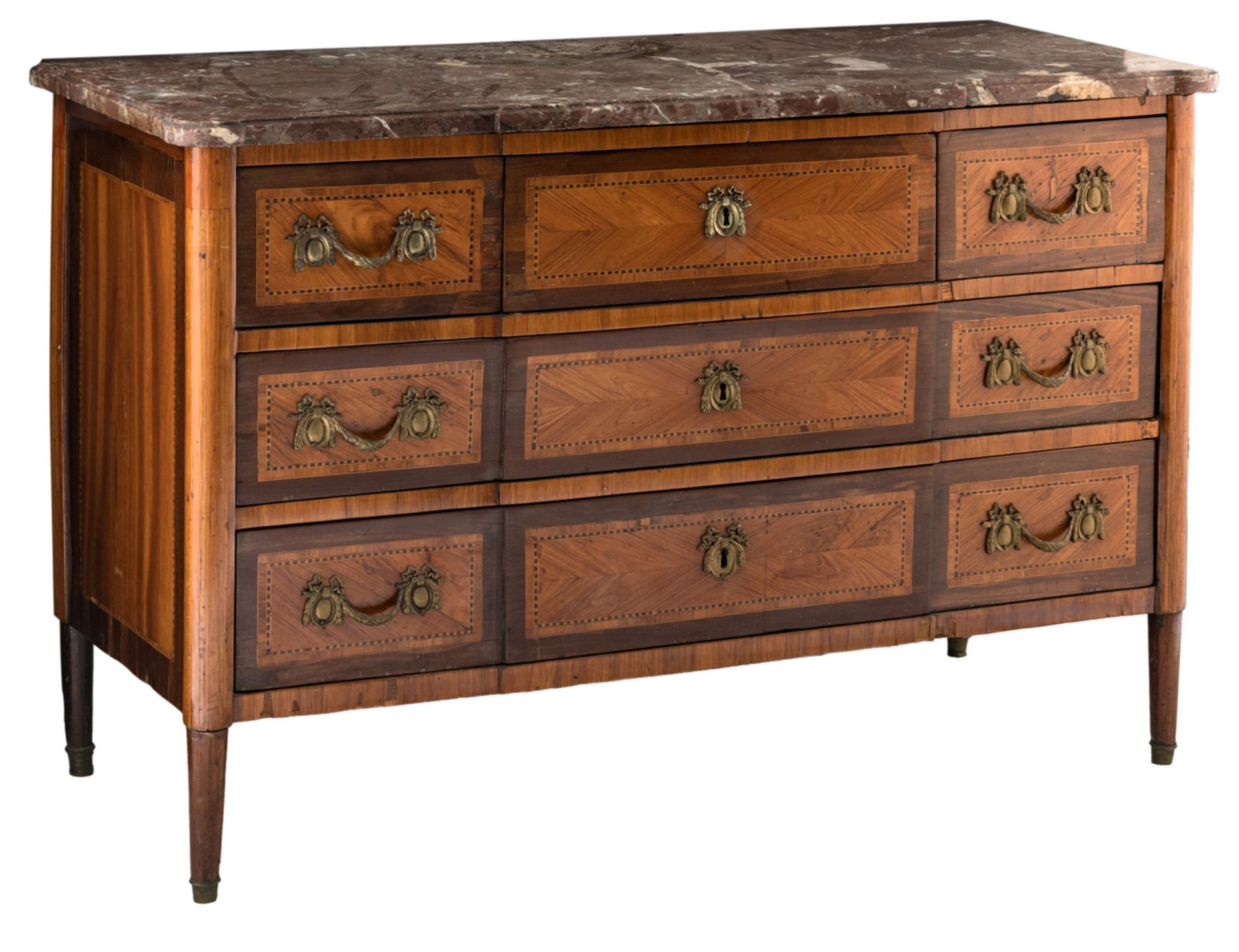 A second half of the 18thC French Neoclassical commode, with walnut marquetry inlay and marble
