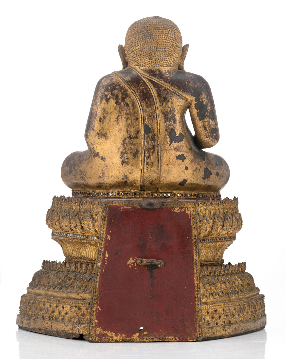 A Thai gilt and polychrome lacquered bronze seated Buddha on a multi-stepped base, with glass inlay, - Image 3 of 6