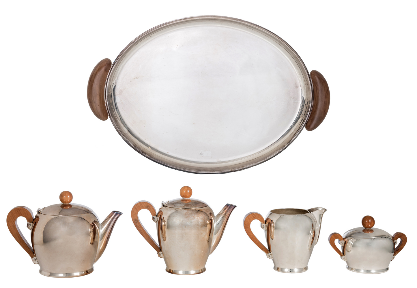 A 1950s five-part silver plated coffee and tea set with cherry wood handles, Alessi, H 11 - 16,5 - ø