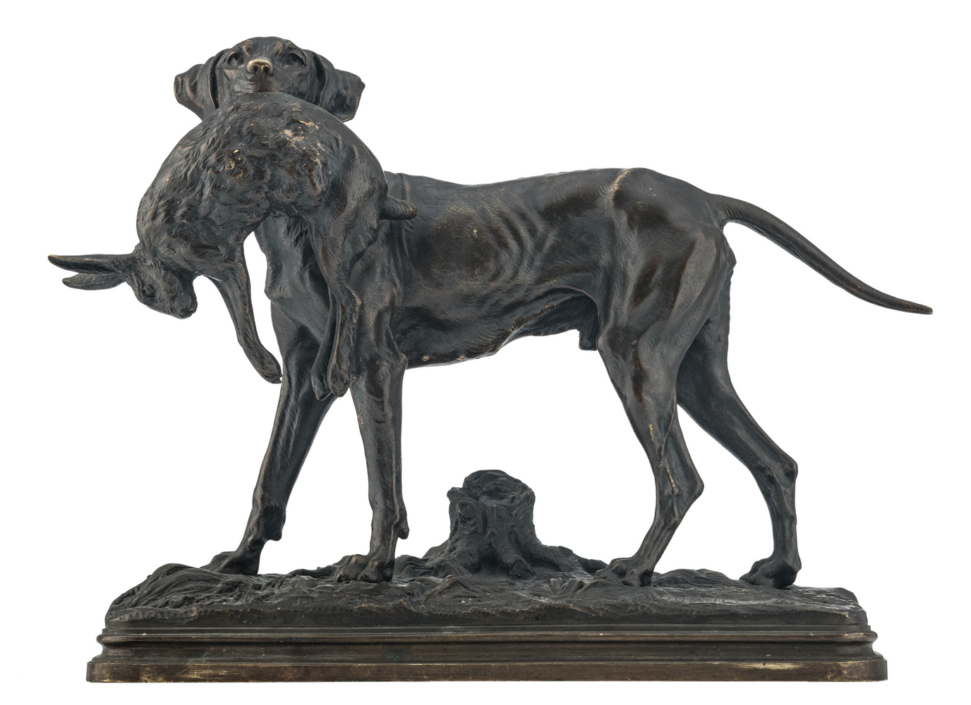 Dubucand, a pointer holding a hare, patinated bronze, marked 'E.V 3062', H 26 cm