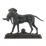 Dubucand, a pointer holding a hare, patinated bronze, marked 'E.V 3062', H 26 cm