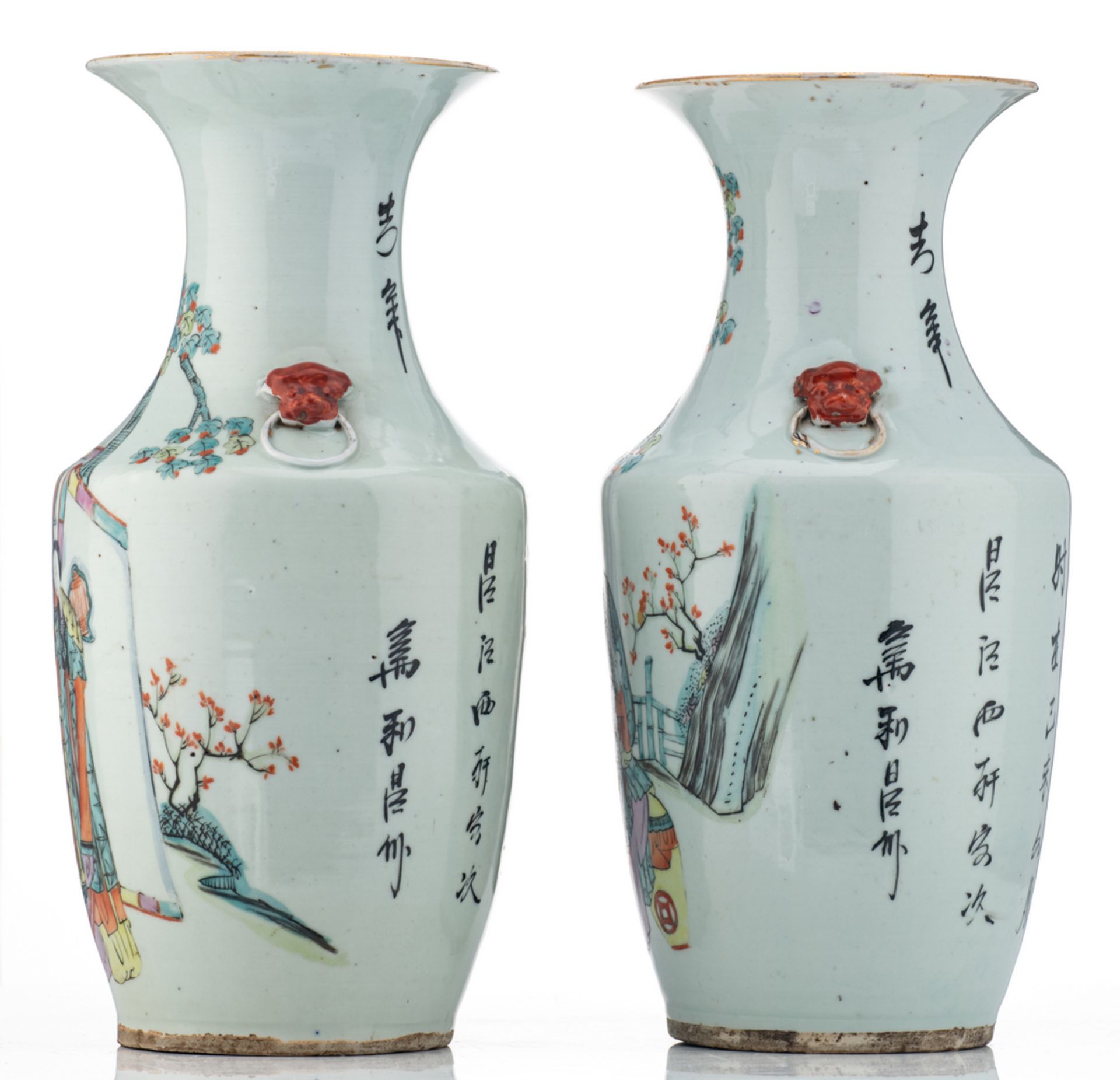 A pair of Chinese polychrome vases, decorated with ladies and children in a garden, and calligraphic - Image 3 of 6