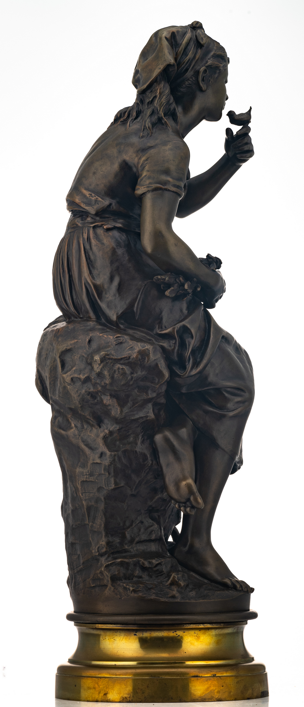 Moreau M., a maiden with birds, patinated bronze, H 78 cm - Image 4 of 7
