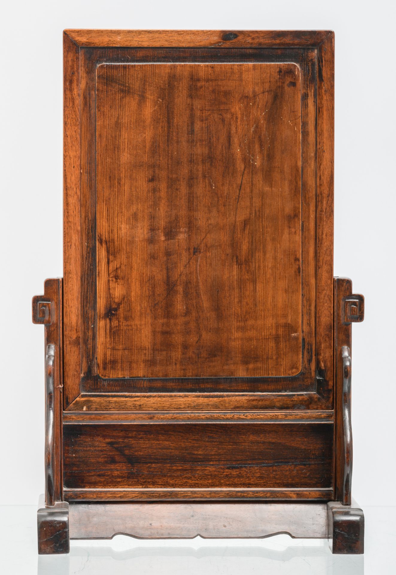 A fine Chinese hardwood table screen, the famille rose plaque decorated with horses, deers, - Image 3 of 10