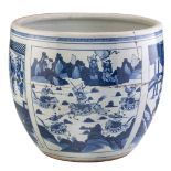 A large Chinese blue and white jardiniere, the panels decorated with dignitaries and warriors in