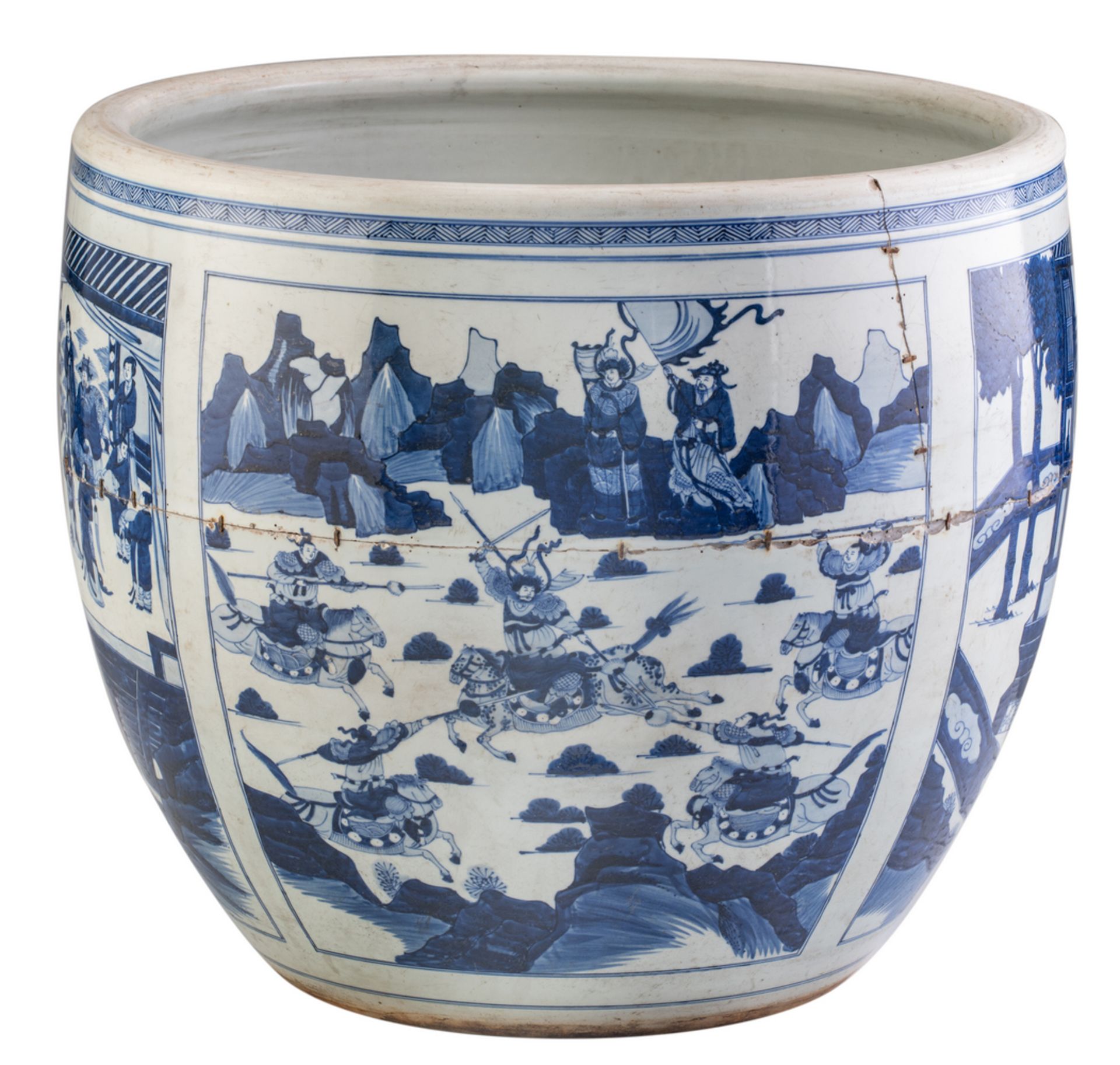 A large Chinese blue and white jardiniere, the panels decorated with dignitaries and warriors in