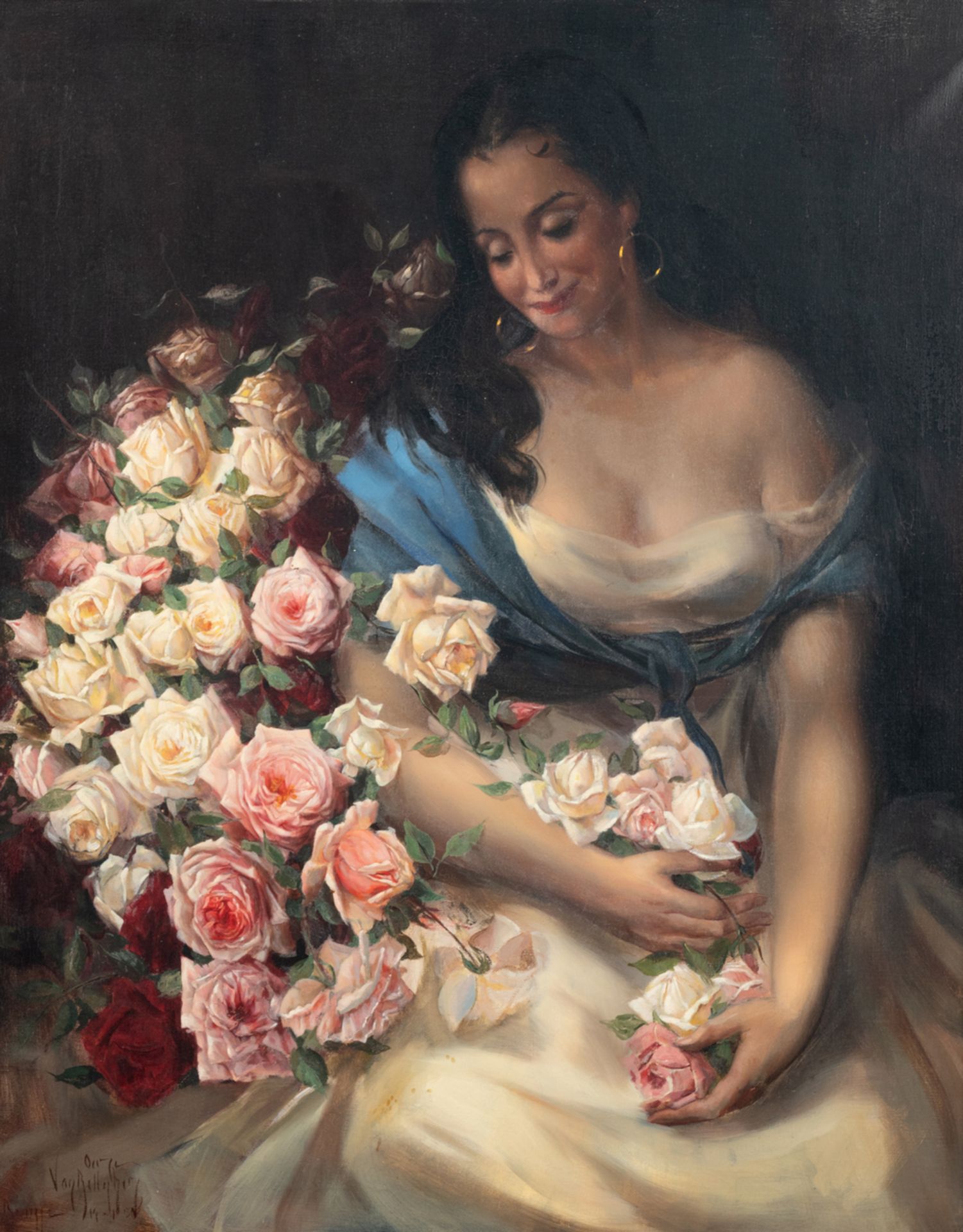 Van Belleghem A., a Gypsy girl surrounded by roses, oil on canvas, 80 x 99 cm