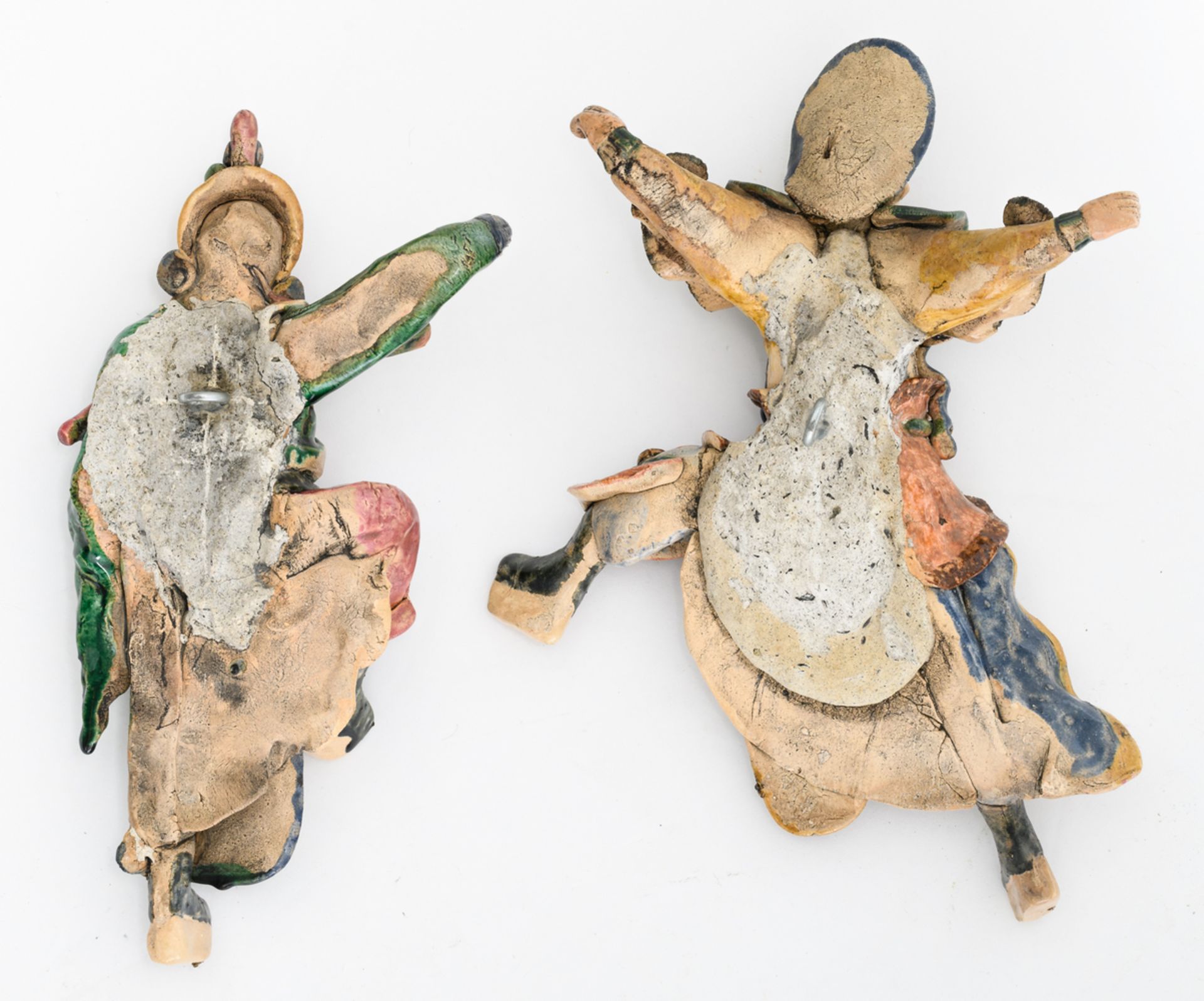 Four Chinese polychrome glazed stoneware figures, two of the figures on a matching wooden stand, H - Image 6 of 6
