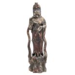 A Chinese polychrome decorated carved wooden statue of a Guanyin, H 118 cm