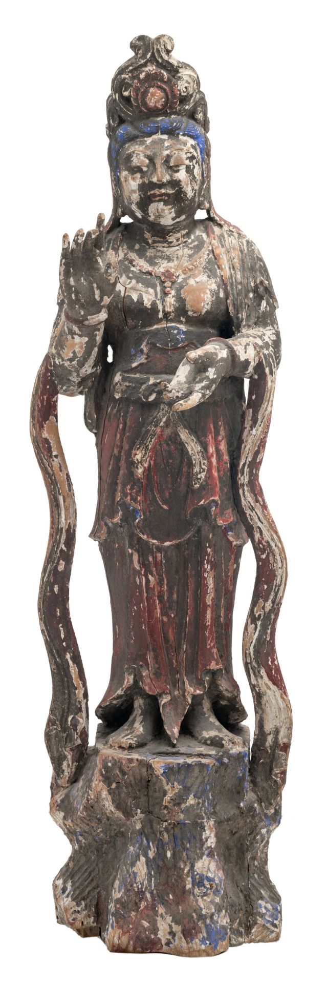 A Chinese polychrome decorated carved wooden statue of a Guanyin, H 118 cm