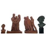 Leys A., three sculptures in patinated terracotta depicting a fisherman, the happy family and a