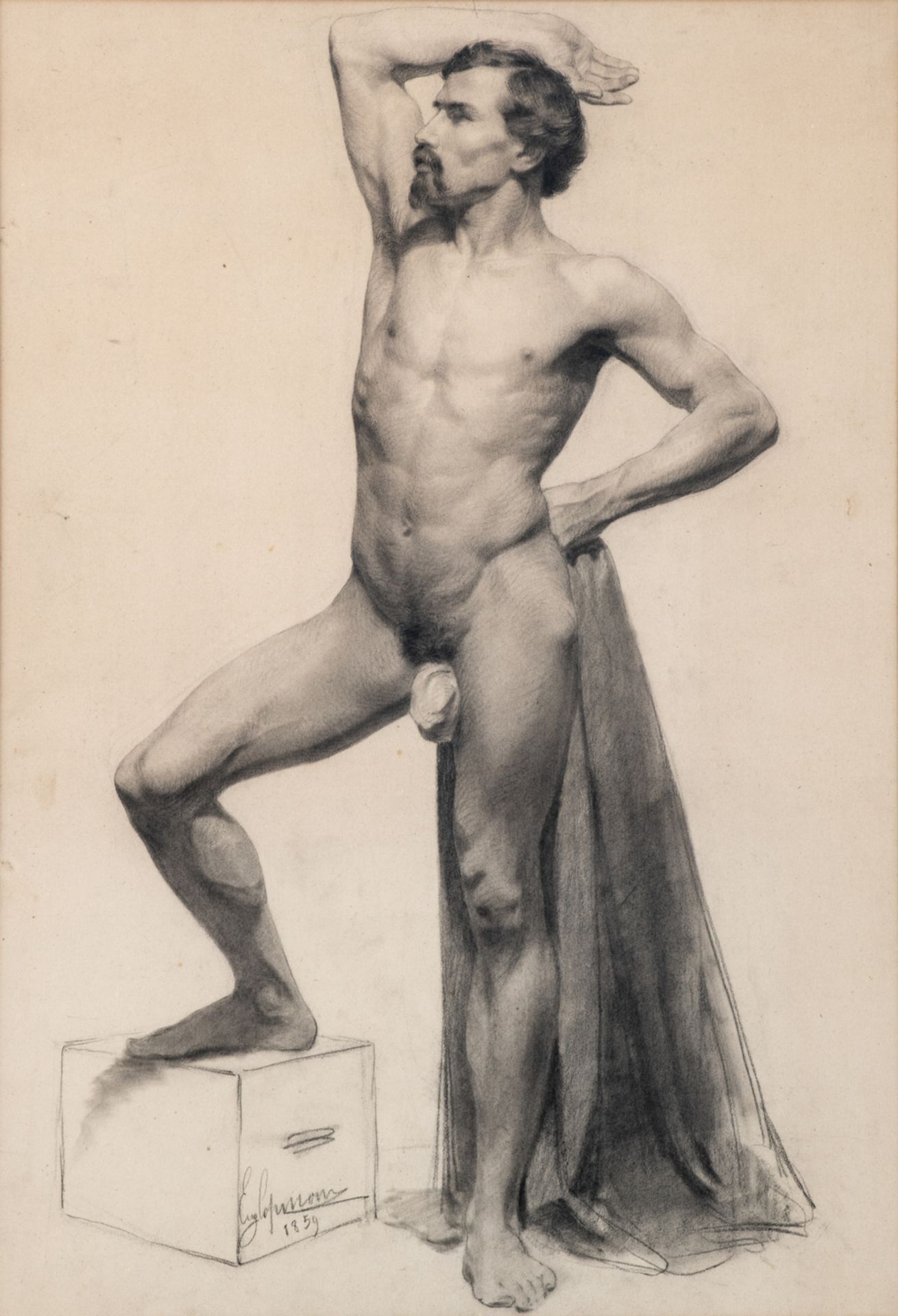 Copman E., two male academic studies (Bruges), charcoal and white cray, dated 1858 - 1859, 45 x 61 - - Image 3 of 9