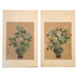 A pair of Chinese watercolours on paper, depicting peonies and chrysanthemum, with calligraphic