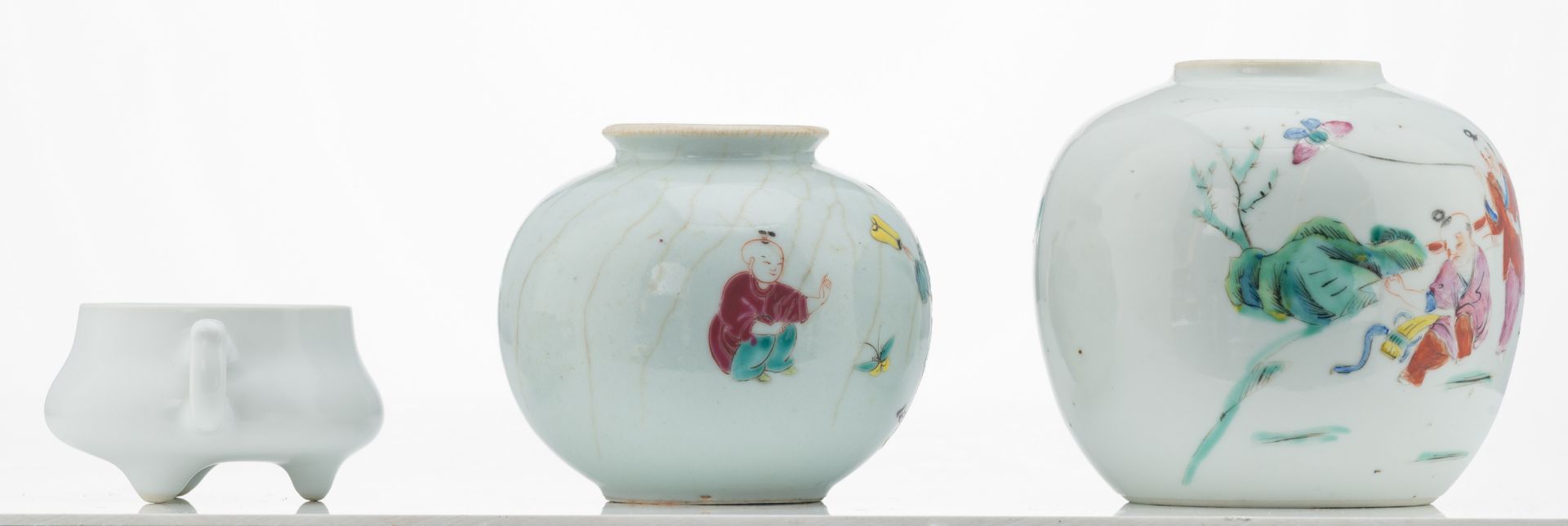 Two Chinese blue and white saucers, decorated with animated scenes, 18thC, one saucer with a Dutch - Image 11 of 15