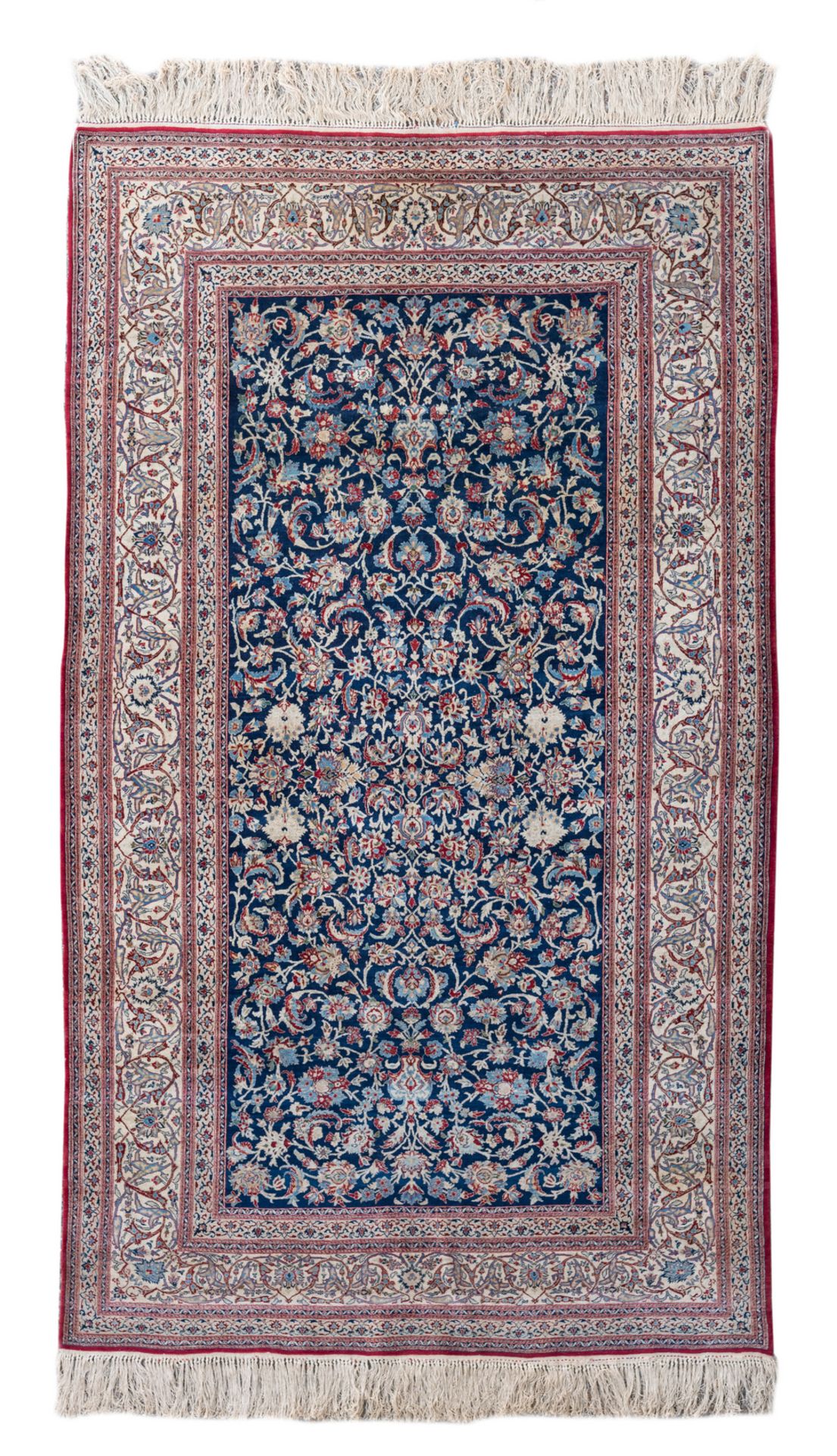 A fine Oriental floral decorated silk rug, 159 x 276 cm