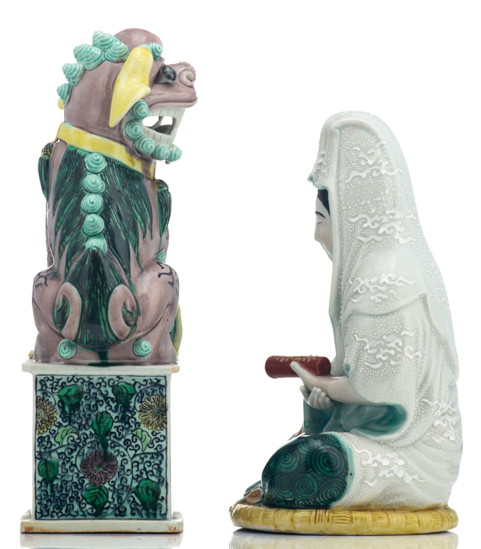 A Japanese polychrome glazed seated figure, depicting a Guanyin; added a Chinese polychrome temple - Image 2 of 6