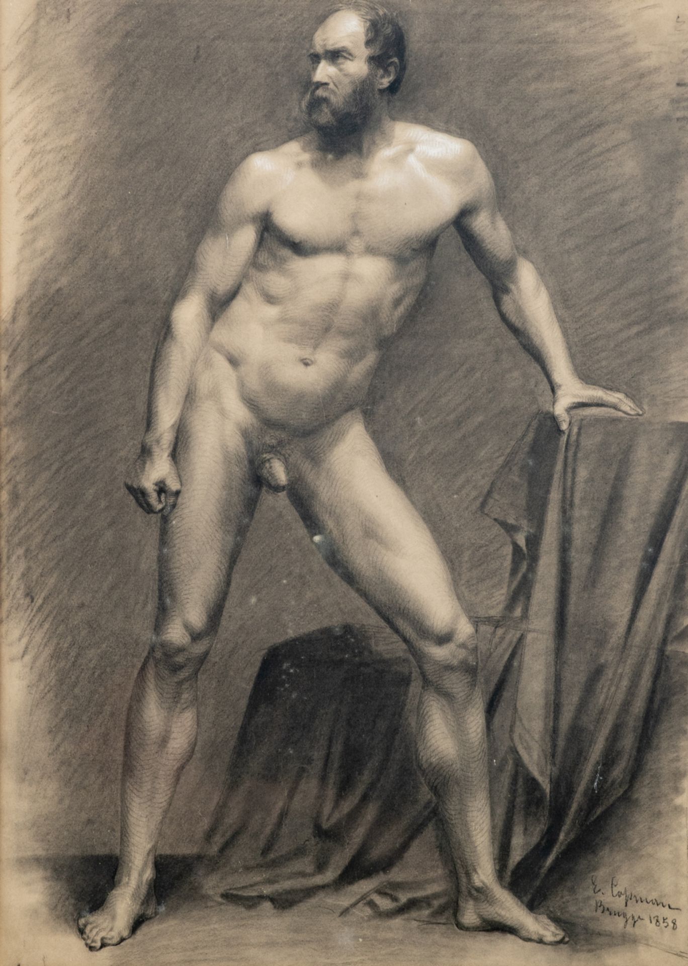 Copman E., two male academic studies (Bruges), charcoal and white cray, dated 1858 - 1859, 45 x 61 - - Image 7 of 9