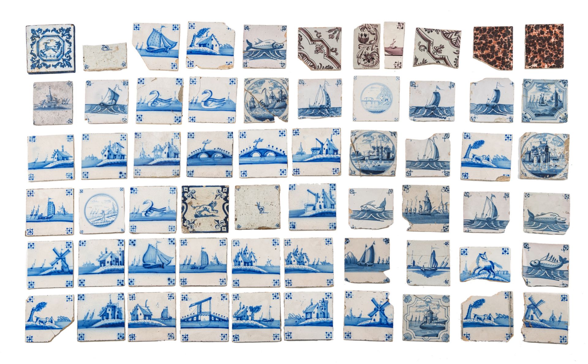 A lot of various 18th and 19thC blue and white decorated Dutch Delftware tiles, about 14 x 14 cm