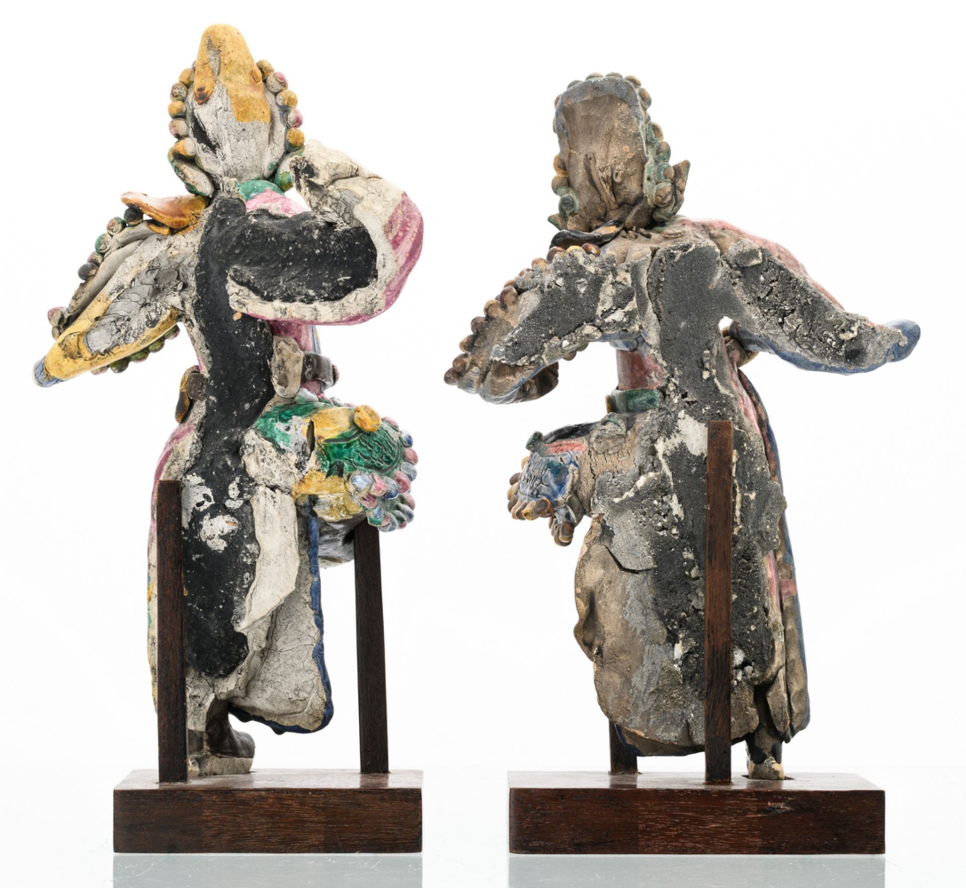 Four Chinese polychrome glazed stoneware figures, two of the figures on a matching wooden stand, H - Image 3 of 6