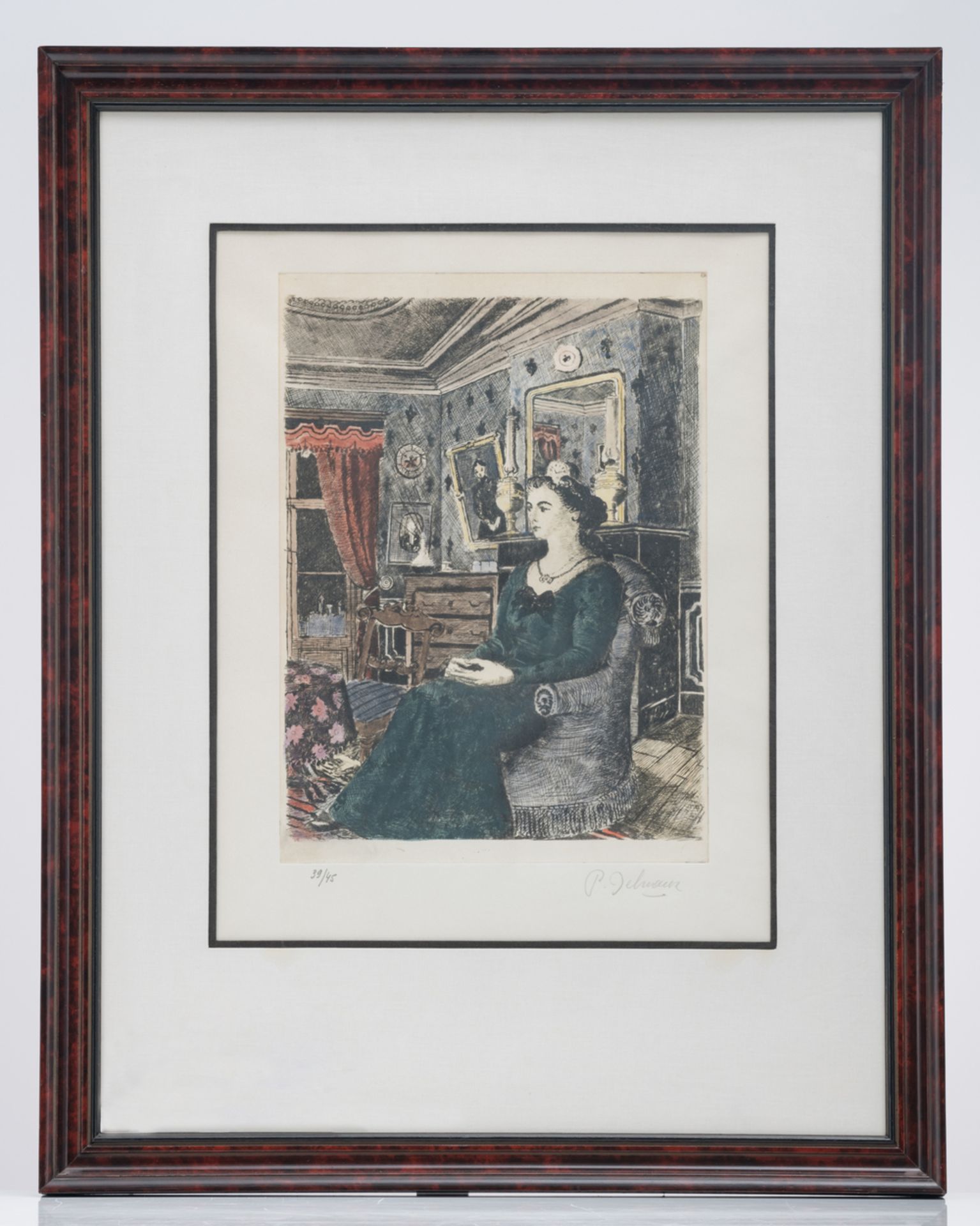 Delvaux P., a seated lady in a late 19thC interior, hand coloured etching, no. 39/45, 28 x 39 cm - Bild 2 aus 5
