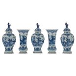 An 18thC Dutch Delftware blue and white five-piece garniture decorated with chinoiseries, H 26 -