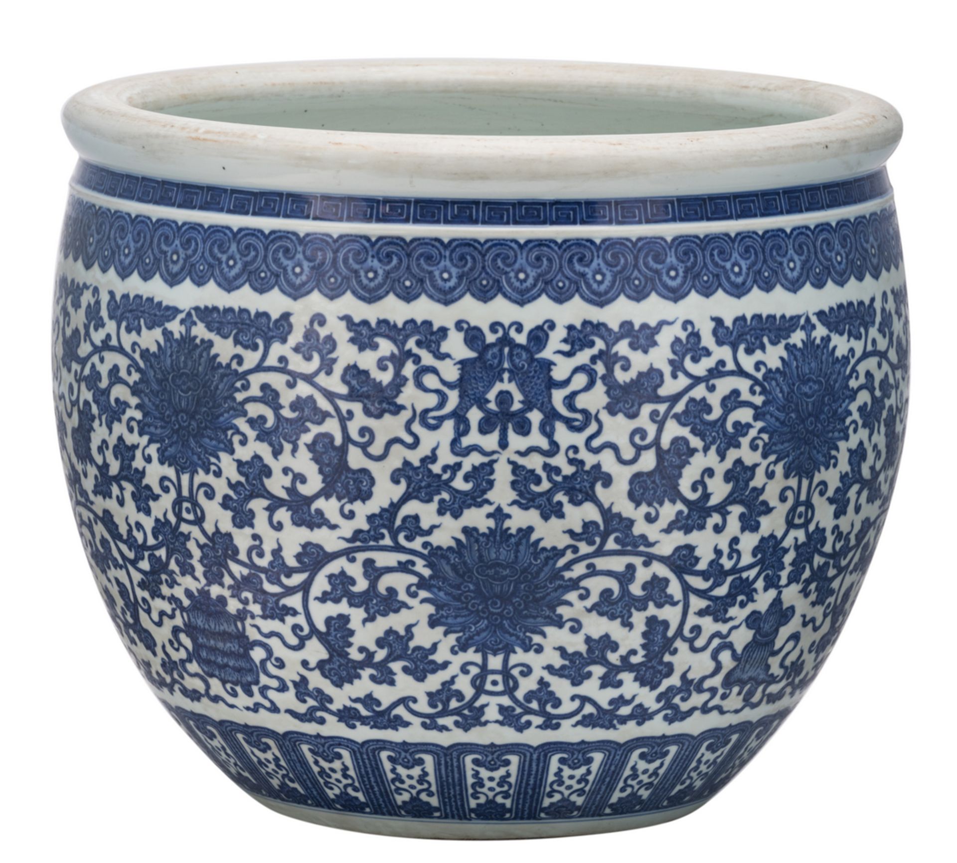 A Chinese blue and white jardiniere, decorated with scrolling lotus and Buddhist symbols, H 45 - ø