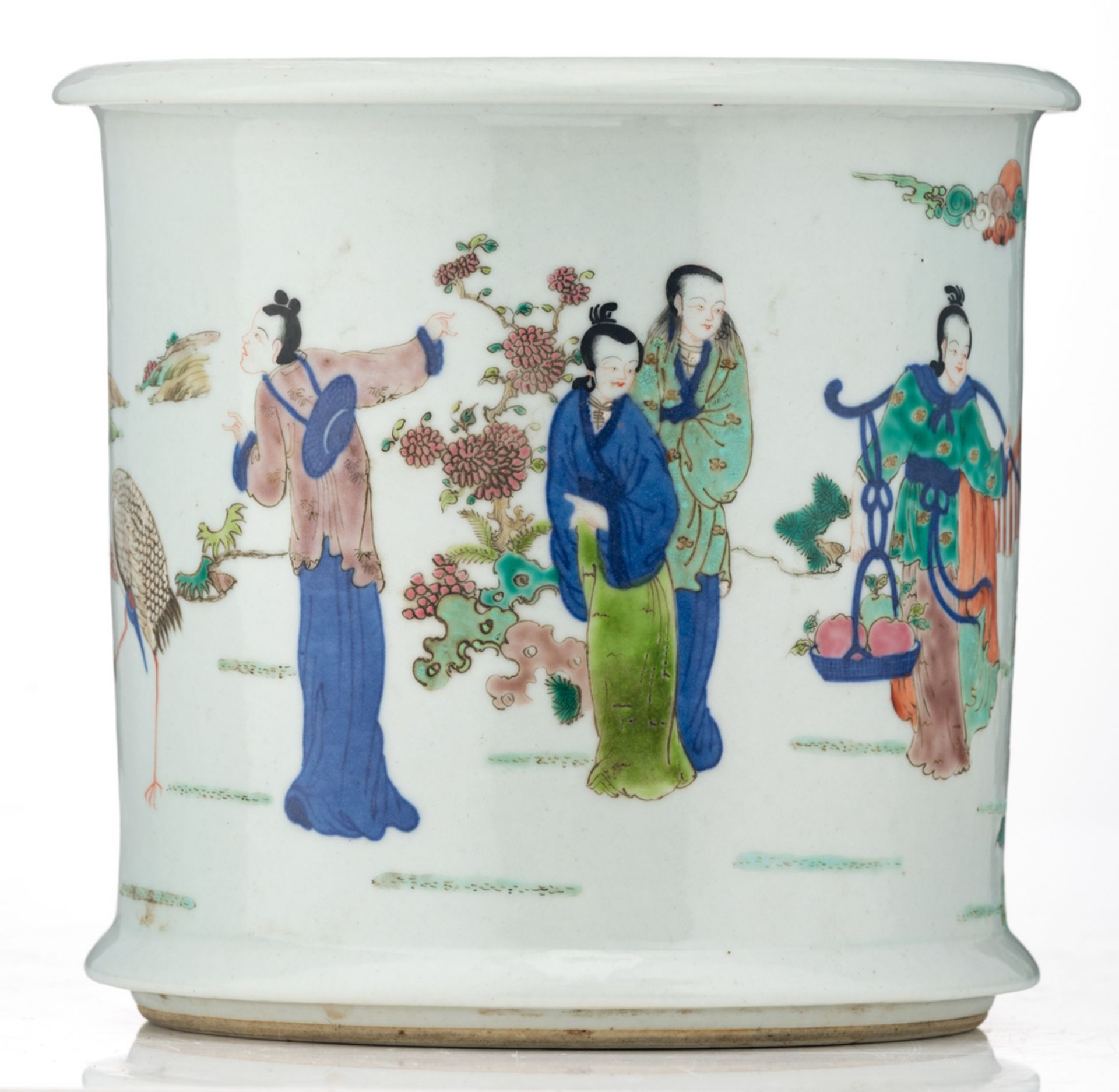 A Chinese polychrome jardiniere, overall decorated with figures and cranes in a garden, Jiaqing - Image 4 of 6