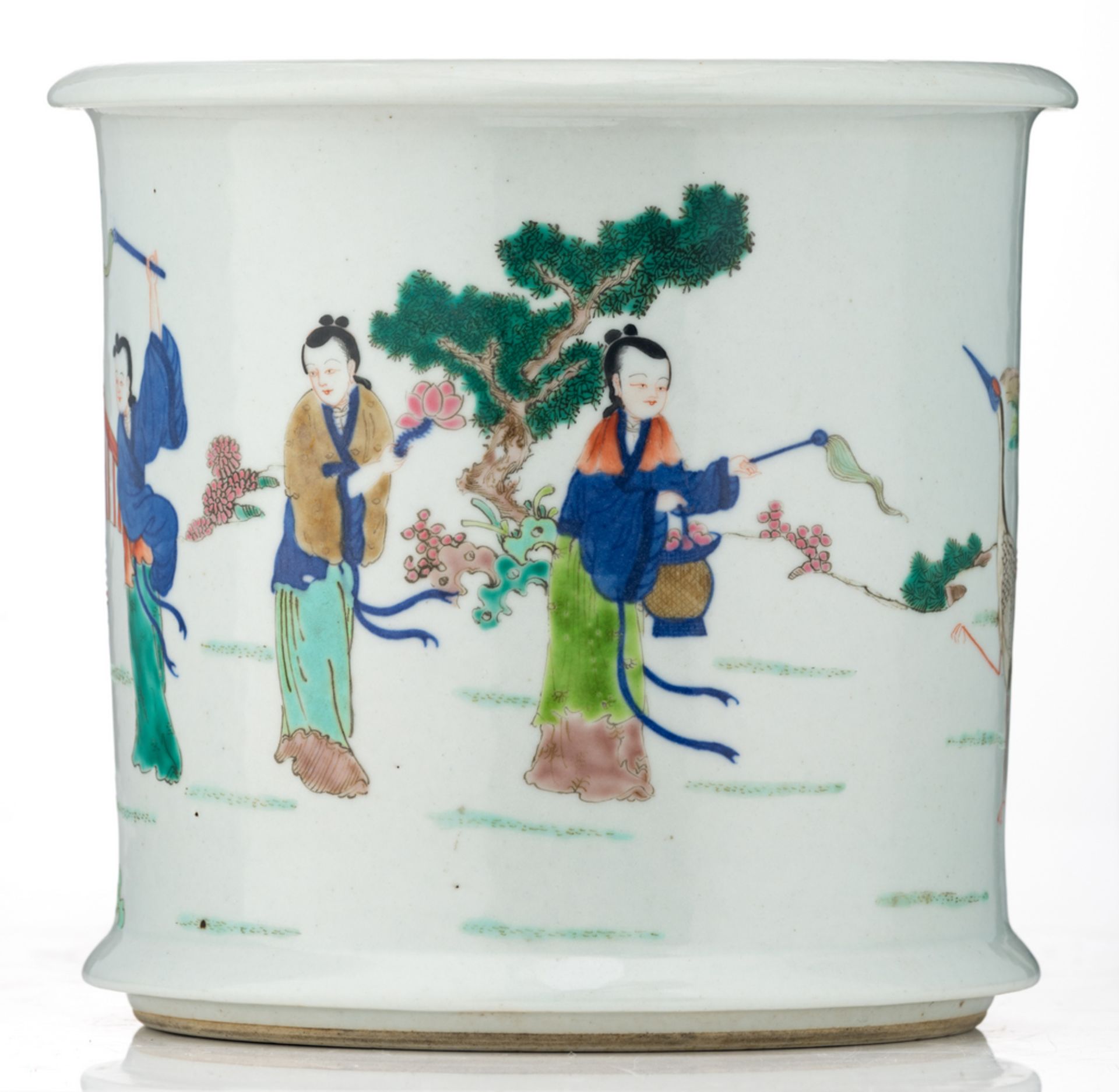A Chinese polychrome jardiniere, overall decorated with figures and cranes in a garden, Jiaqing - Image 2 of 6