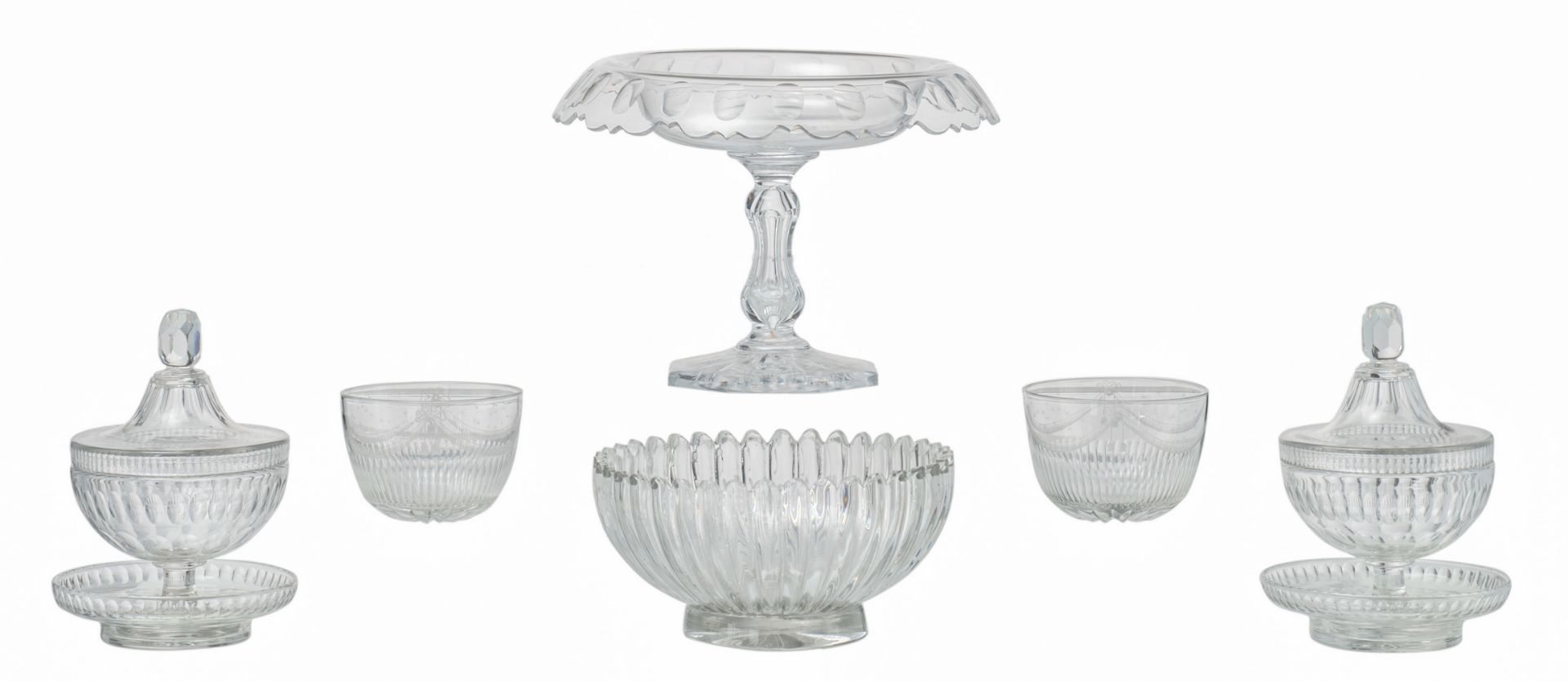 A pair of French mid 19thC cut crystal drageoirs on their matching plate; added a ditto fruit