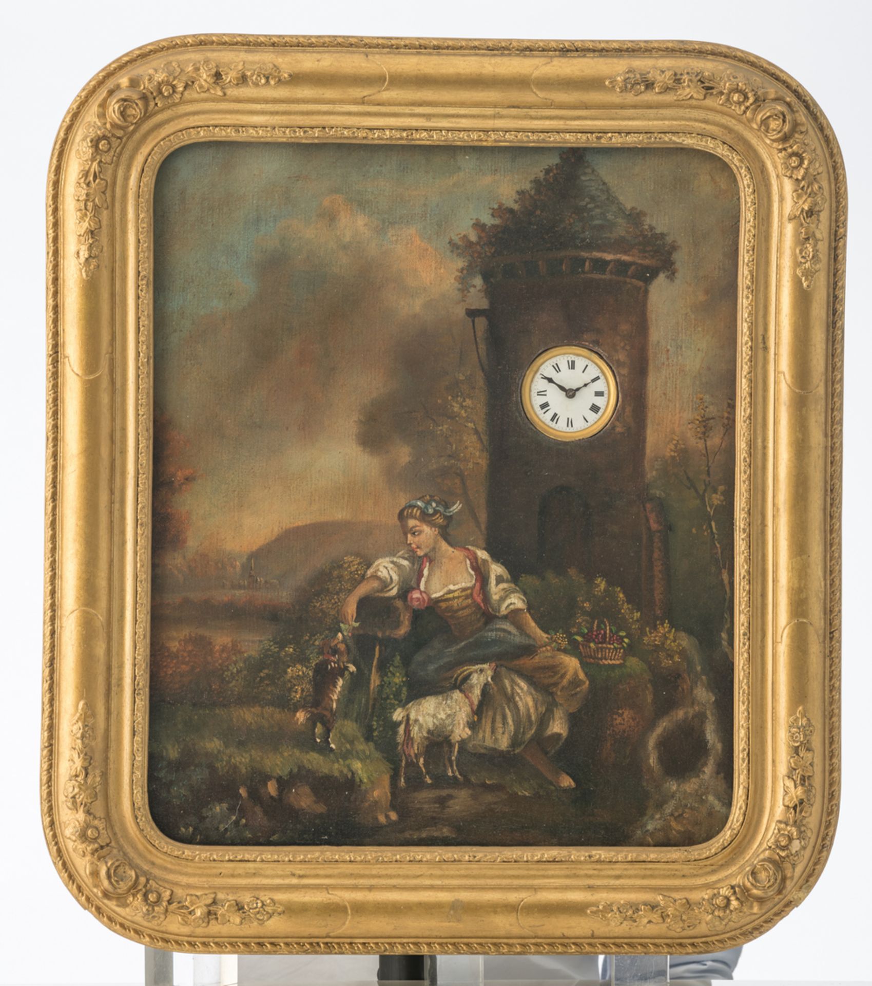 A mid 19thC Black Forest clock, the painting on canvas marouflated on panel and depicting a rural - Bild 2 aus 6