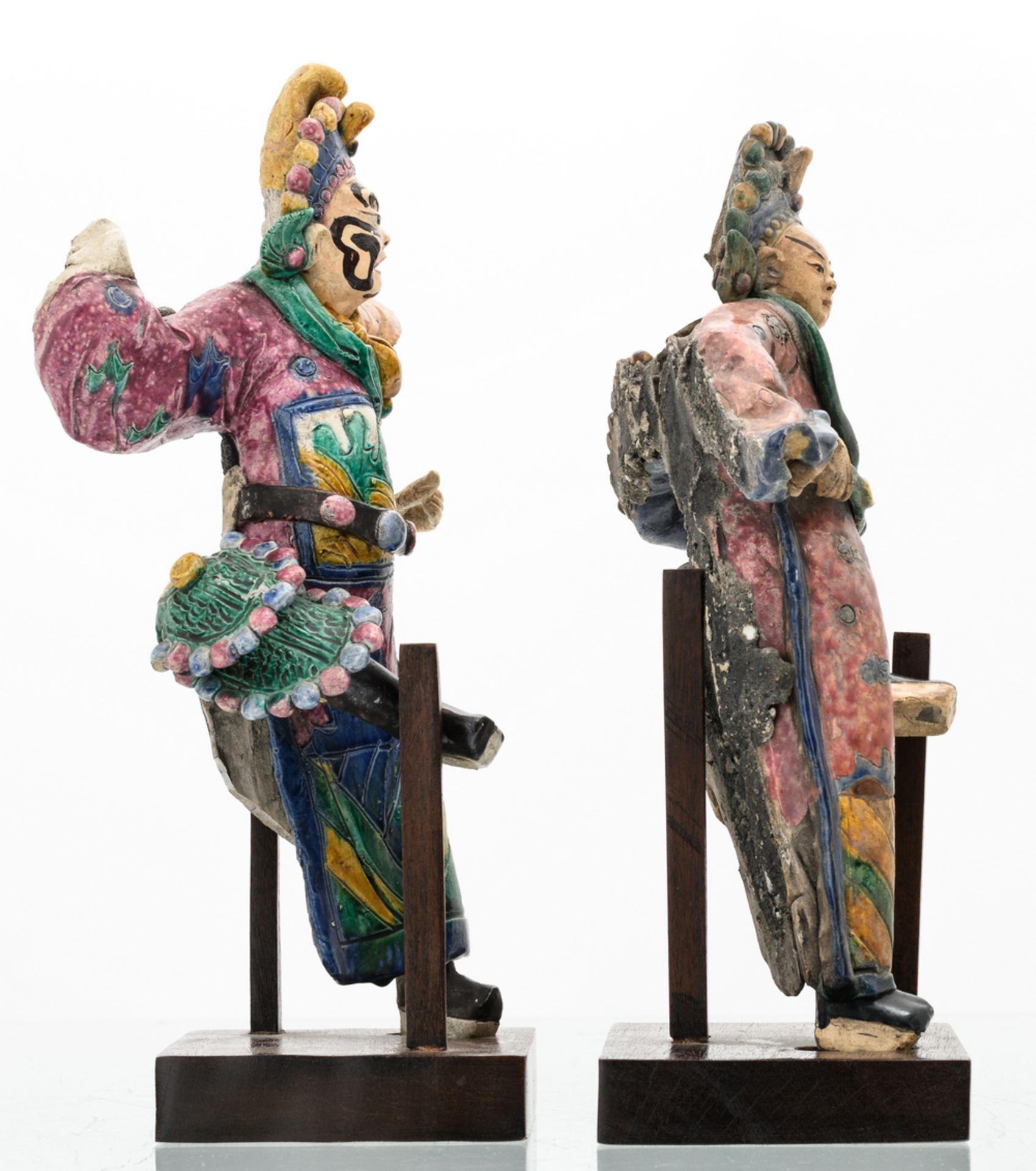Four Chinese polychrome glazed stoneware figures, two of the figures on a matching wooden stand, H - Image 4 of 6