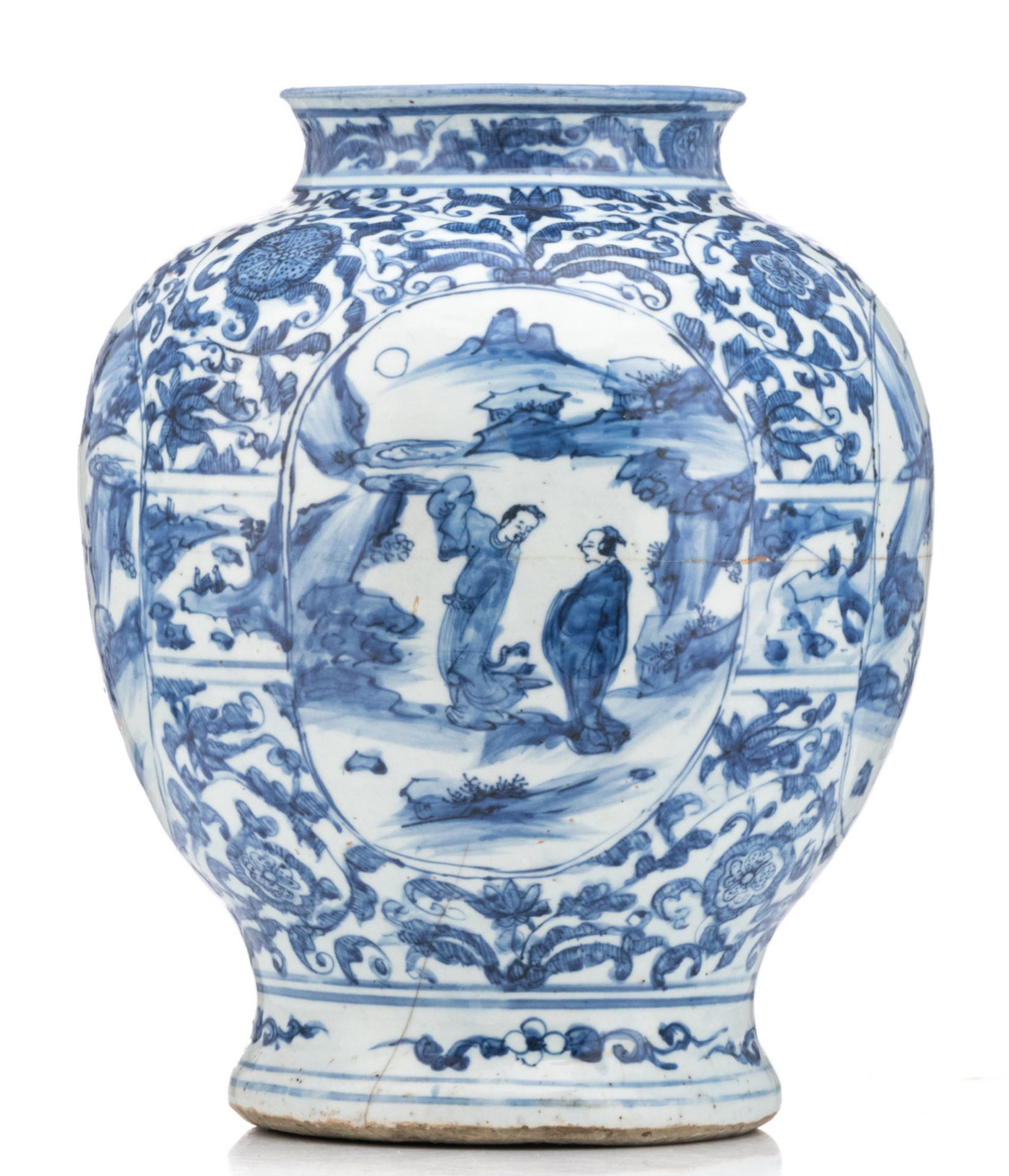 A Chinese blue and white Wanli vase, floral decorated, the roundels with figures in a landscape, - Image 4 of 6