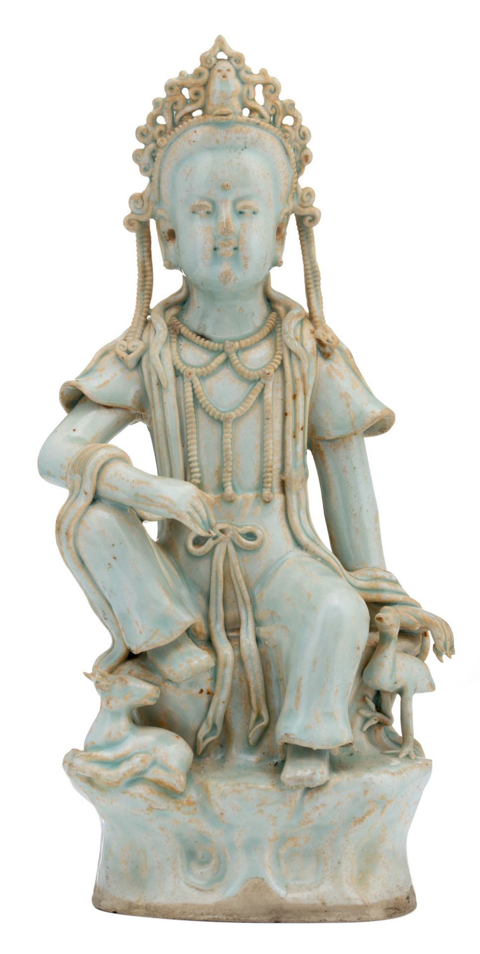 A Chinese famille rose figure of a young Buddha, seated on a lotus base; added a Chinese celadon - Image 2 of 13
