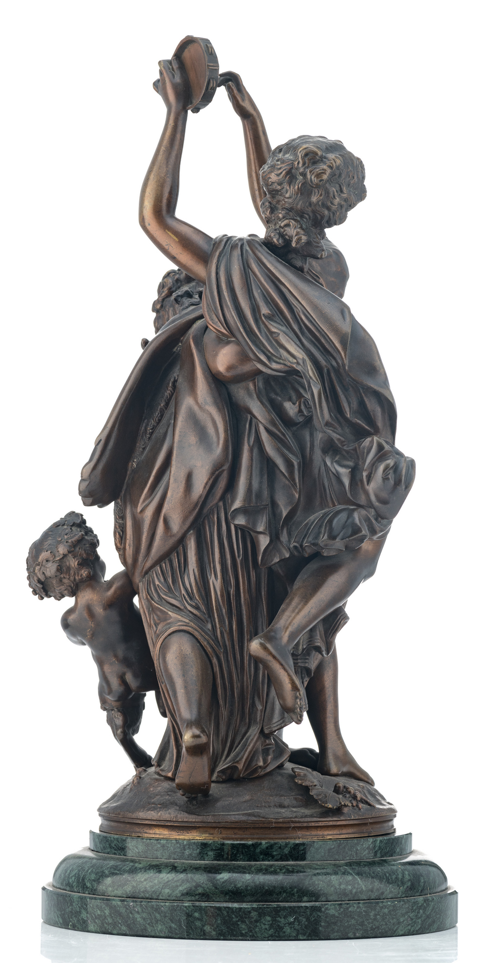 Moreau, bacchants and a satyr, brown patinated bronze, on a vert de mer marble base, H 43,5 (without - Image 3 of 6