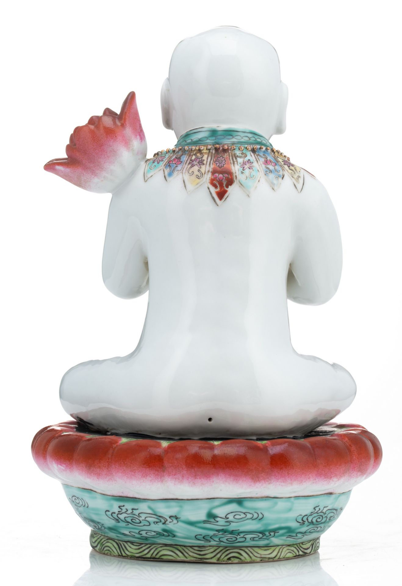 A Chinese famille rose figure of a young Buddha, seated on a lotus base; added a Chinese celadon - Image 10 of 13