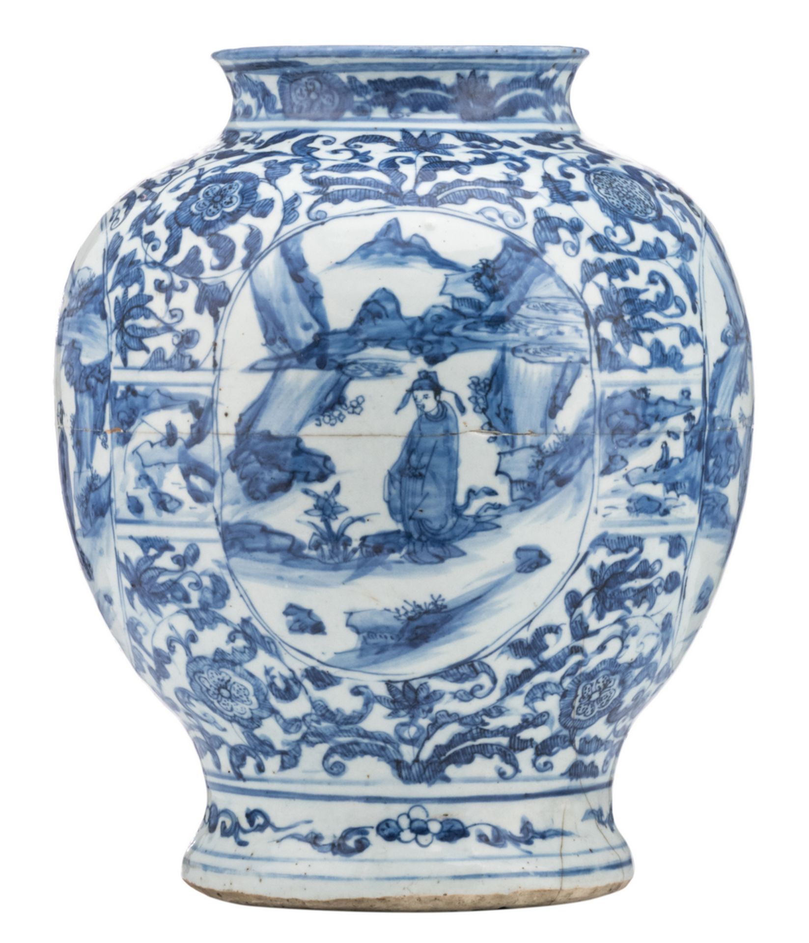 A Chinese blue and white Wanli vase, floral decorated, the roundels with figures in a landscape,