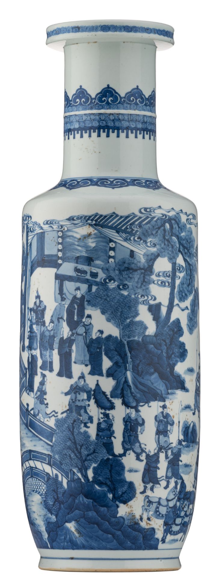 A large Chinese blue and white rouleau shaped vase, overall decorated with an animated scene in a