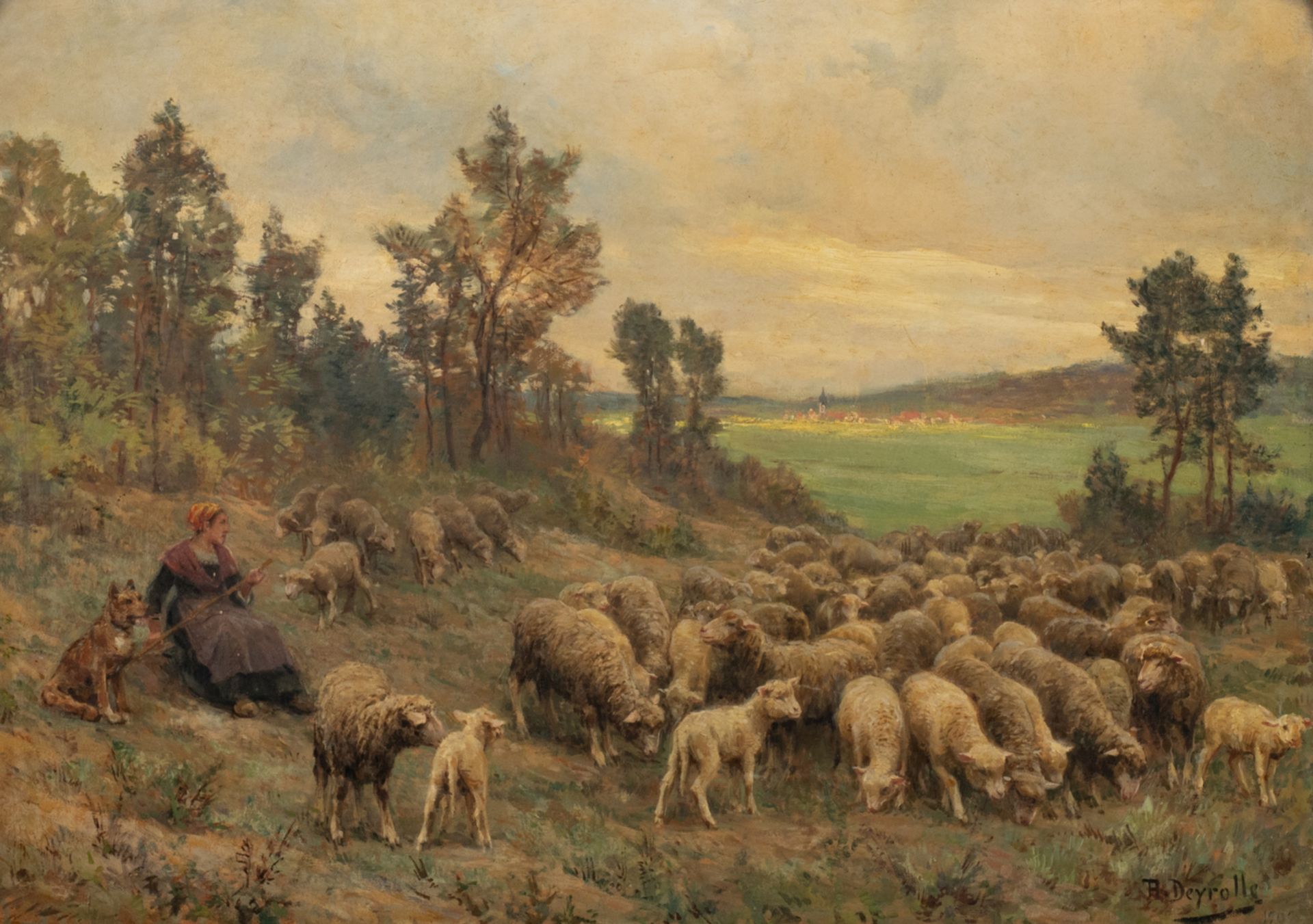 Deyrolle R., a shepherdess with her herd, oil on canvas, dated 190(7) / 190(9) ?, 56,5 x 79 cm