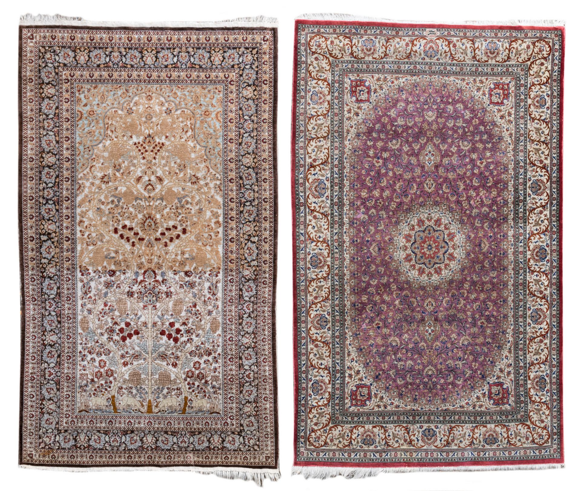 Two Oriental floral decorated silk carpets, one with a date tree, one with a central medallion and