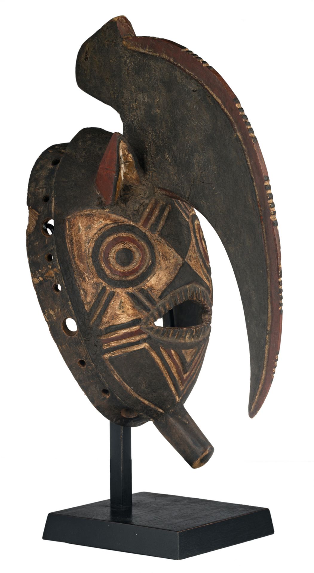 A traditional African wooden mask, polychrome decorated with geometric motifs, Bwa - Burkina Faso, H