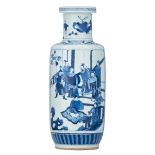 A Chinese blue and white rouleau shaped vase, one panel decorated with a court scene, the other