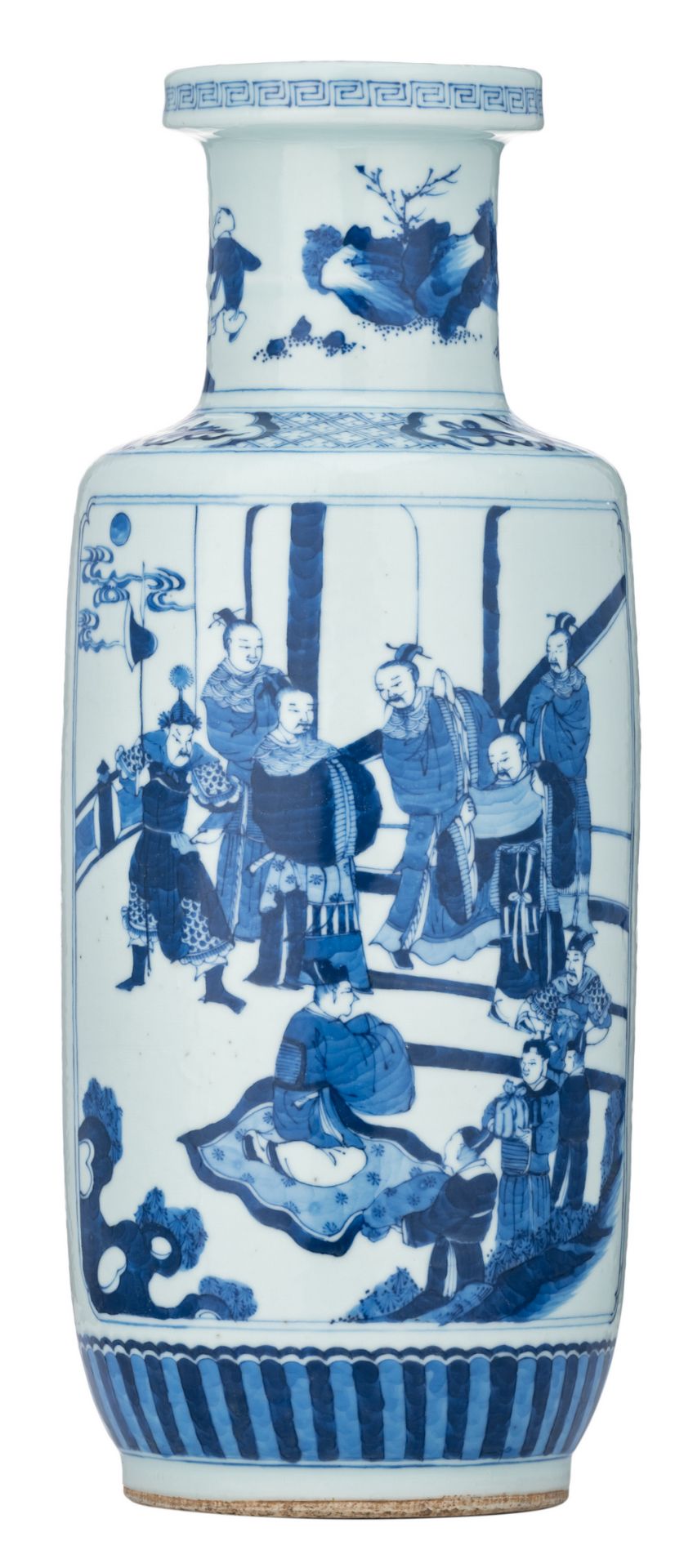 A Chinese blue and white rouleau shaped vase, one panel decorated with a court scene, the other
