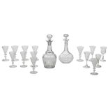 A collection of ten crystal rummers; added four different goblets and two glass decanters, H 11,