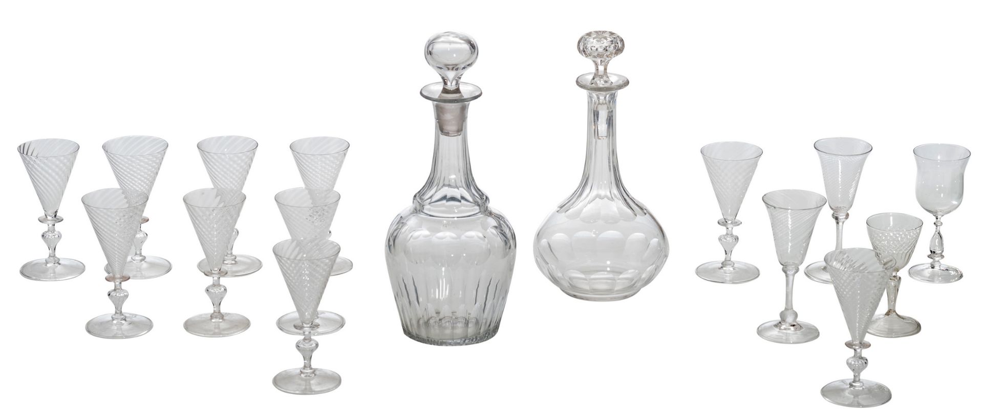 A collection of ten crystal rummers; added four different goblets and two glass decanters, H 11,