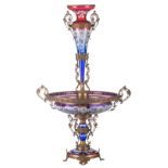 A rare and precious typical Belle Epoque centerpiece, blue and ruby coloured glass and fine gilt