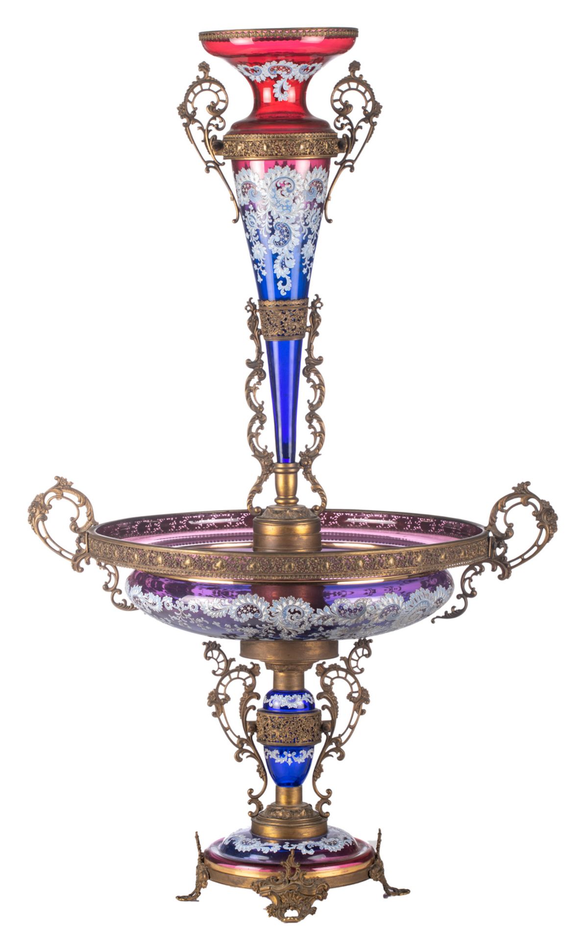 A rare and precious typical Belle Epoque centerpiece, blue and ruby coloured glass and fine gilt