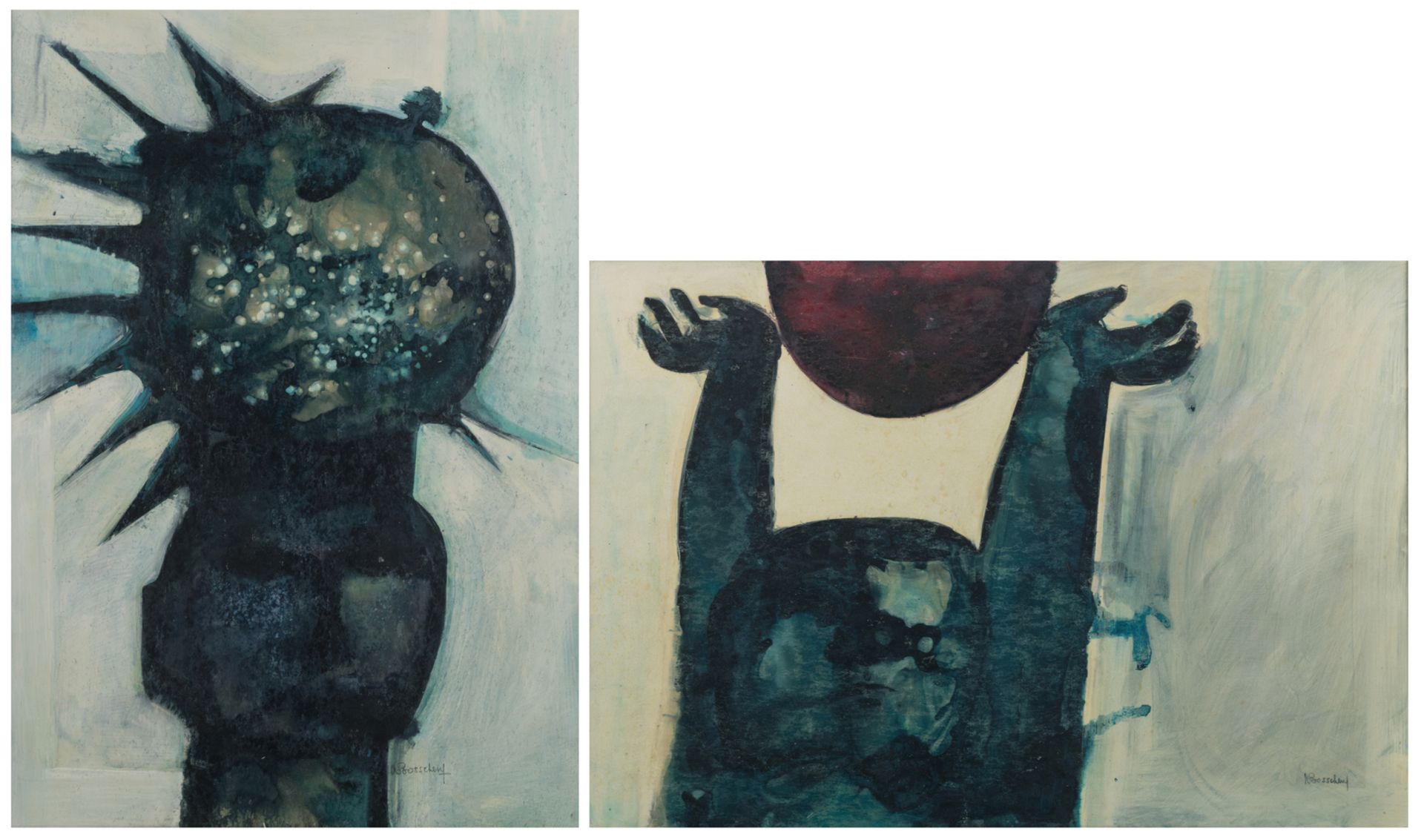 Bosschem W., 'Zonnegod I' and 'Zonnegod II', acrylic paint on paper, dated 1985, 70 x 100 cm