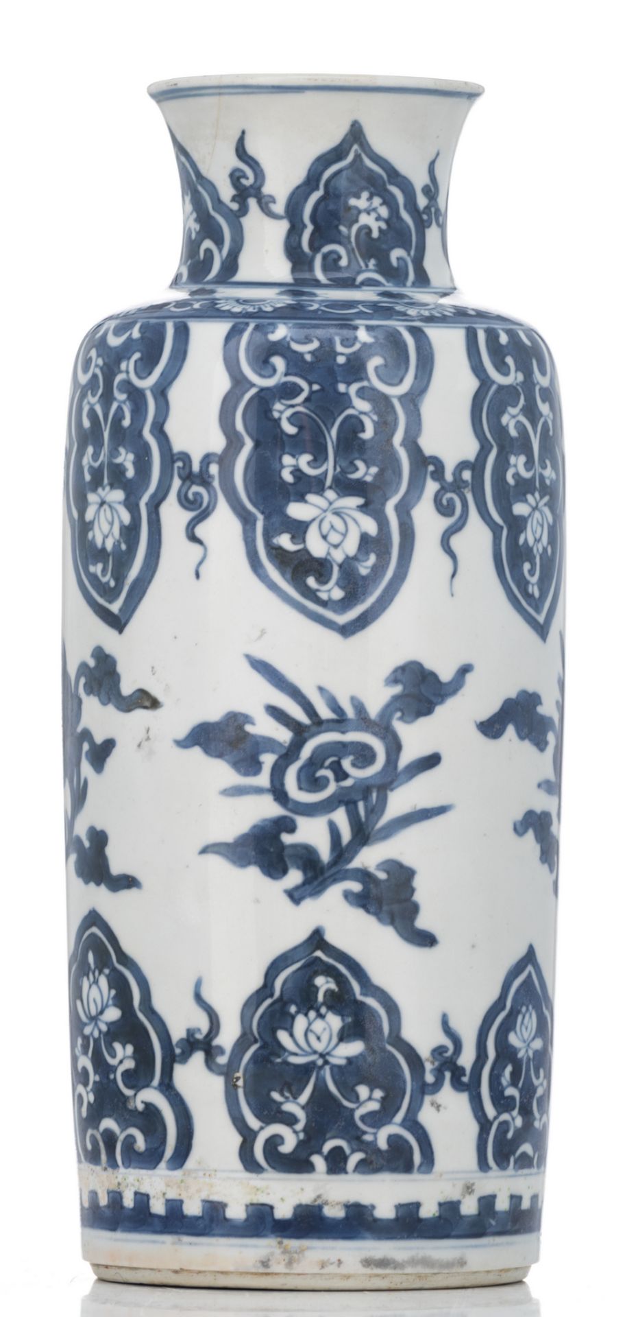 A Chinese blue and white cylindrical vase, decorated with lotus petals, flower branches and lingzhi, - Image 2 of 6