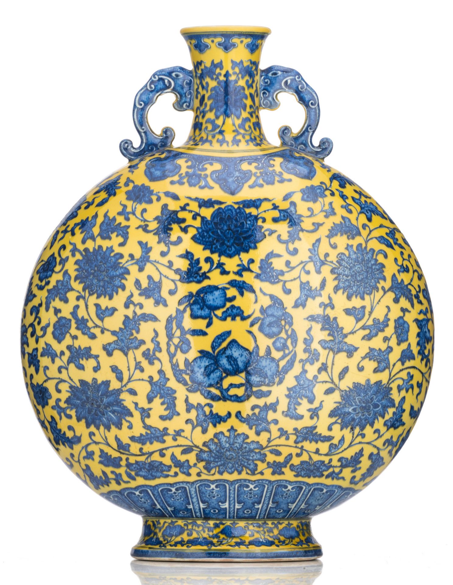 A Chinese yellow ground blue and white moon flask, decorated with scrolling lotus and peaches, - Image 4 of 7
